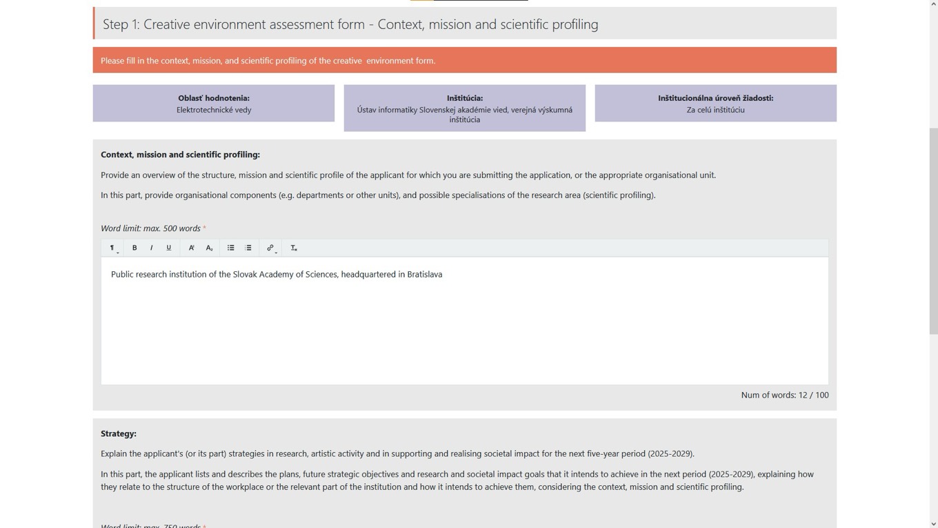 VER 2026 assessment form: structured input with word limits for the creative-environment section