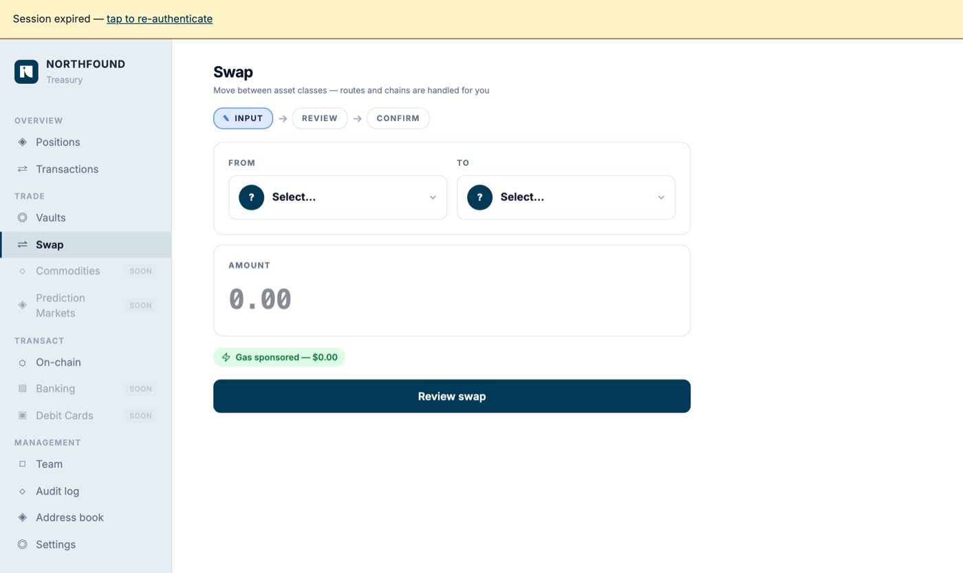 Northfound swap: pick a from and to asset class; routes, chains and gas are handled automatically, with gas sponsored
