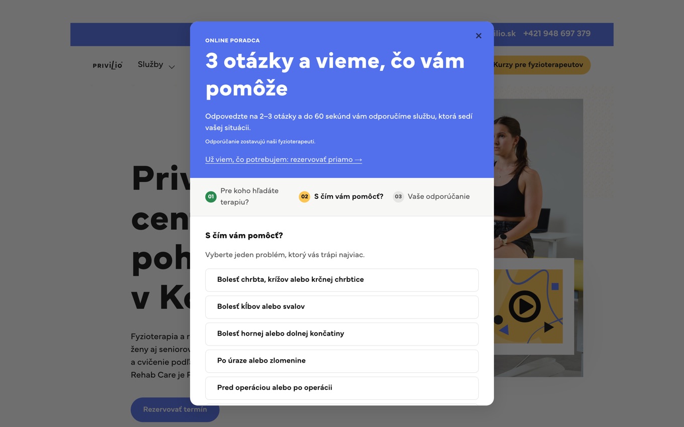 Online poradca otvorený na kroku 2 z 3 so zoznamom problémov na výber